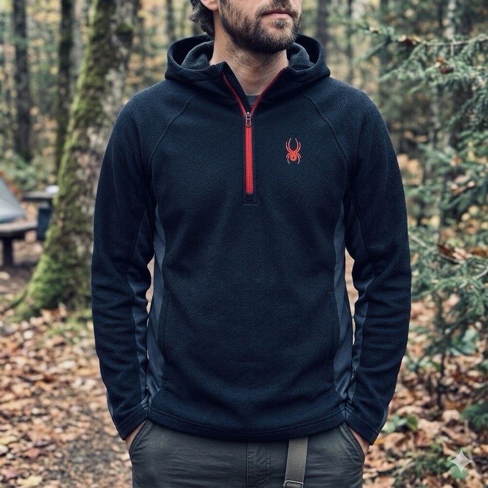 Spyder Black Red 1/4 Zip Hooded Performance Pullover Men’s Large - Picture 8 of 11